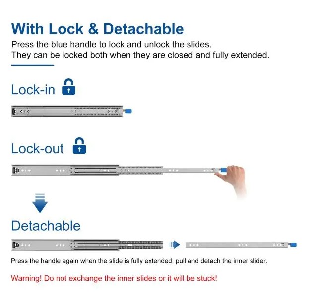 Furniture Sliders Full Extension Ball Bearing 250mm Drawer Runners Telescopic Channel